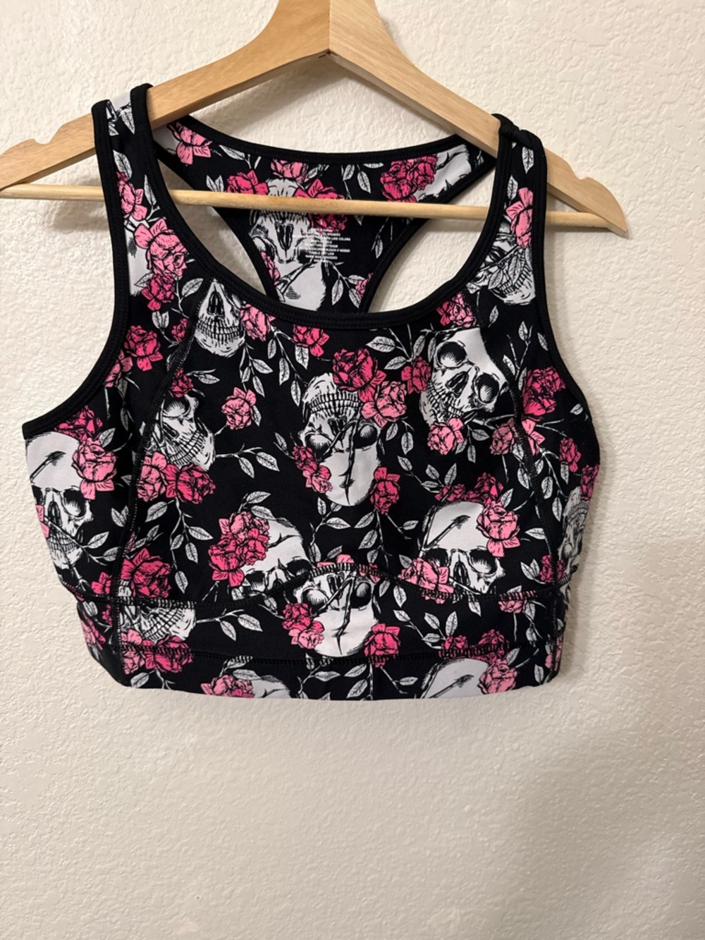 Torrid Active Sports Bra Floral Skull Print Black with Pink Roses